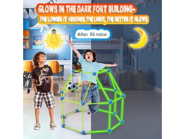 Kids Fort Building Kit 100 Pcs Glow in The Dark STEM Construction Toys with Glow Tent Fort Builder Toy Gift for Boys Girls DIY Building Castles Tunnels Play Tent Rocket Tower Indoor & Outdoor
