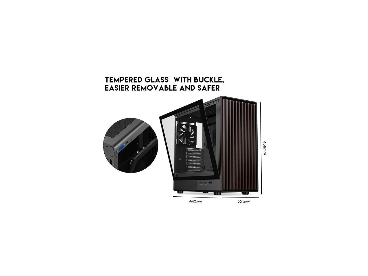 DIYPC DIY-ATX08-Wood Black USB3.0 /Type C ATX Mid Tower Gaming Computer Case w/ - Afbeelding 2 van 5
