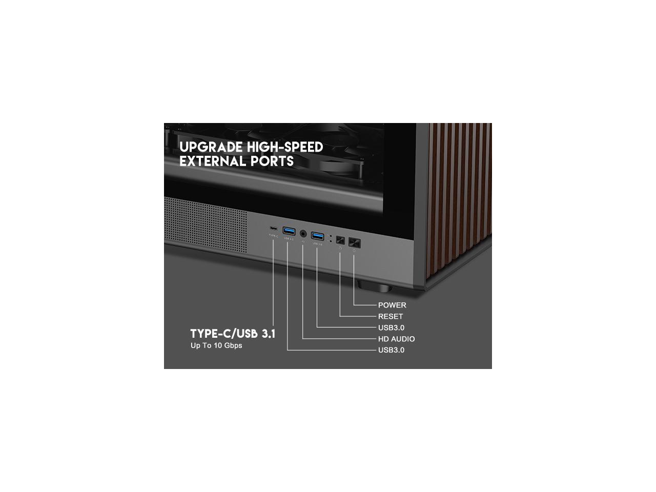 DIYPC DIY-ATX08-Wood Black USB3.0 /Type C ATX Mid Tower Gaming Computer Case w/ - Afbeelding 4 van 5
