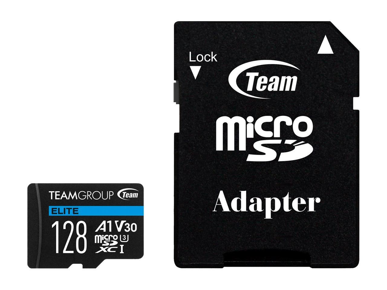 Team 128GB Elite microSDXC UHS-I U3, V30, A1, 4K UHD Memory Card w/ SD Adapter, Speed Up to 90MB/s