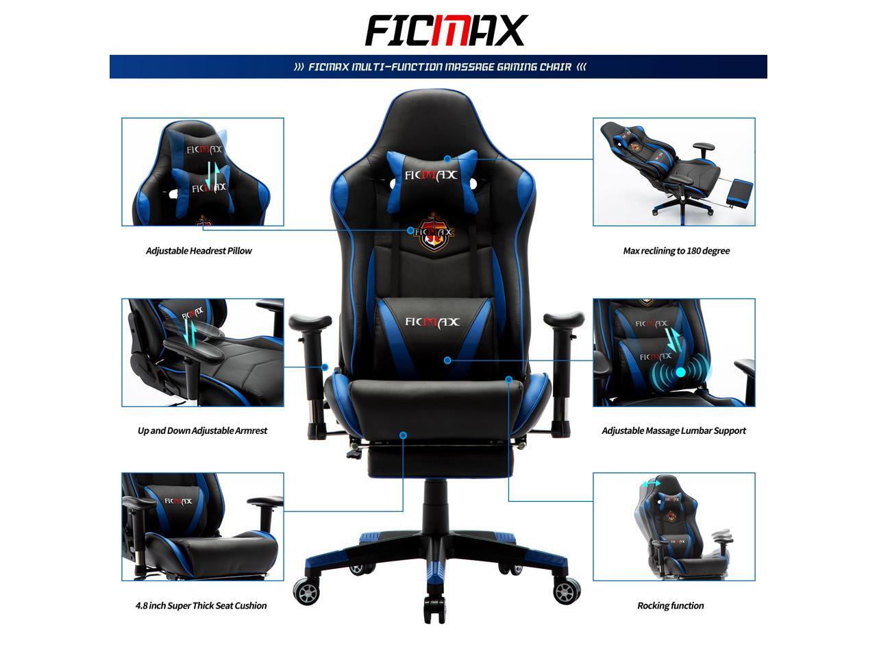 Ficmax High-Back Recliner PU Leather Ergonomic Gaming Chair w/ Massage Lumbar Support Footrest, Black/Blue