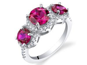 Oravo Created Ruby Sterling Silver 3 Stone Halo Ring
