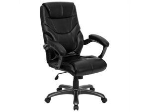 High Back Black Leather Overstuffed Executive Swivel Chair with Arms