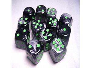 Chessex Dice D6 Sets: Gemini Black/Grey/Gray with Green - 16Mm Six Sided Die (12) Block of Dice, Multicolor