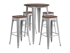 30' Round Silver Metal Bar Table Set with Wood Top and 4 Backless Stools