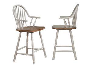 Sunset Trading Country Grove 24' Windsor Barstools with Arms Counter Height Dining Distressed Gray and Brown Wood Set of 2