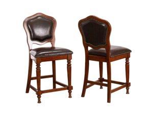 Sunset Trading Bellagio Upholstered Barstools with Backs Counter Height Dining Chairs Distressed Cherry Brown Wood Nailheads Set of 2