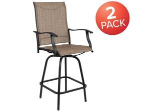 Patio Bar Height Stools Set of 2, All-Weather Textilene Swivel Patio Stools and Deck Chairs with High Back & Armrests in Brown