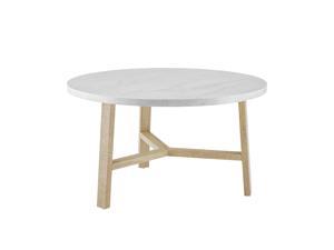 30' Round Coffee Table - White Marble and Light Oak