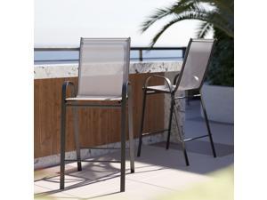 2 Pack Brazos Series Gray Stackable Outdoor Barstools with Flex Comfort Material and Metal Frame