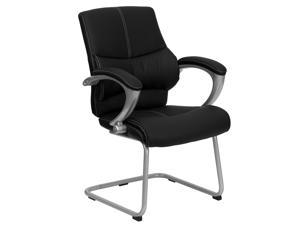 Black Leather Executive Side Reception Chair with Silver Sled Base