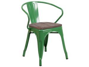 Green Metal Chair with Wood Seat and Arms