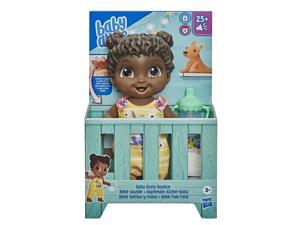 baby alive baby gotta bounce doll, kangaroo outfit, bounces with 25+ sfx and giggles, drinks and wets, black hair toy for kids ages 3 and up