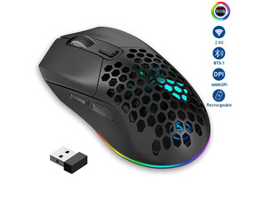 Mouse Gamer Ligero, Mouse Gamer Inalámbrico Recargable, (Bluetooth 5.1 + 2.4Ghz RF) Mouse Inalámbrico de Doble Modo con Receptor USB Retroiluminación RGB para Laptop PC (Negro)