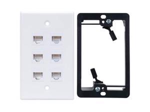 Cat6 Wall Plate 6 Port with 1 Gang Low Voltage Mounting Bracket for Cat5E, Cat6, Cat6A, Cat7 Networking Cables, White