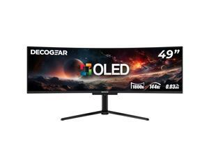 Monitor gamer curvo ultrawide Deco Gear de 49" QD-OLED con 5120x1440, 144Hz, HDR400 True Black, 0.03ms, AdaptiveSync Premium, 100% sRGB, HDMI 2.1, USB-C 90W, altavoces integrados, soporte ajustable en altura