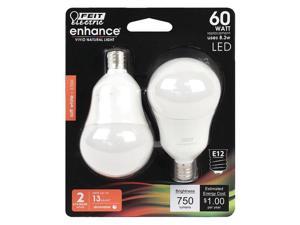FEIT ELECTRIC BPA1560C/927CA/2 LED Bulb,750 lm,8.3W,120VAC,3-3/8' L
