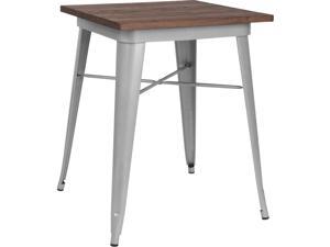 23.5' Square Silver Metal Indoor Table with Walnut Rustic Wood Top