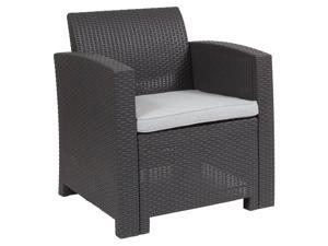 Dark Gray Faux Rattan Chair with All-Weather Light Gray Cushion