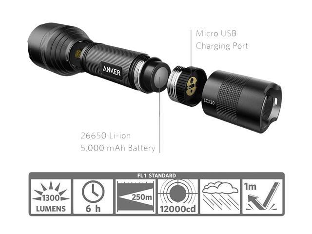 NeweggBusiness - Anker Ultra-Bright Tactical Flashlight with 1300 Lumens, Rechargeable (26650 Included), IP67 Water-Resistant, Bolder LED with 5 Light for Camping, Security, Emergency Use