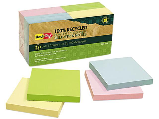 Redi-Tag 26704 100% Recycled Notes 3 x 3 Four Colors 12 100-Sheet Pads/Pack