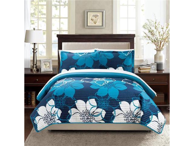 Chic Home QS1757-BIB-US 7 Piece Capiz Bed Bag Abstract Large Scale Floral Printed Quilt Set Blue