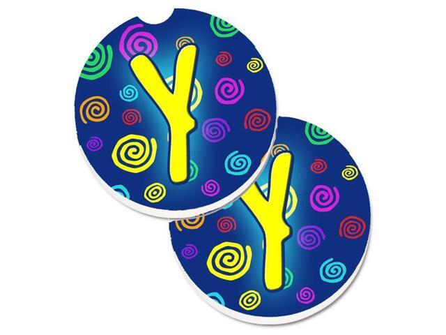 Carolines Treasures CJ1011-YCARC Letter Y Initial Monogram Blue Swirls Set of 2 Cup Holder Car Coaster