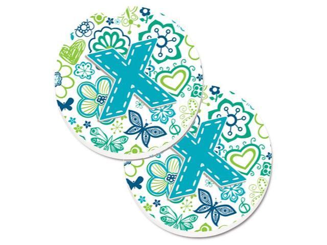 Carolines Treasures CJ2006-XCARC Letter X Flowers & Butterflies Teal Blue Set of 2 Cup Holder Car Coaster