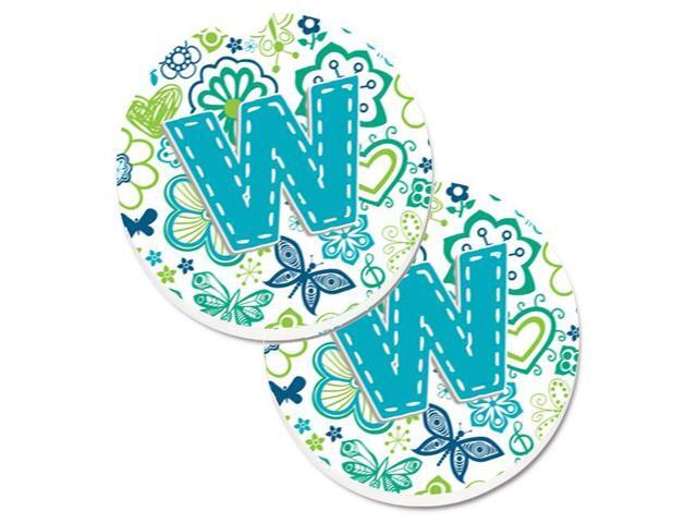 Carolines Treasures CJ2006-WCARC Letter W Flowers & Butterflies Teal Blue Set of 2 Cup Holder Car Coaster