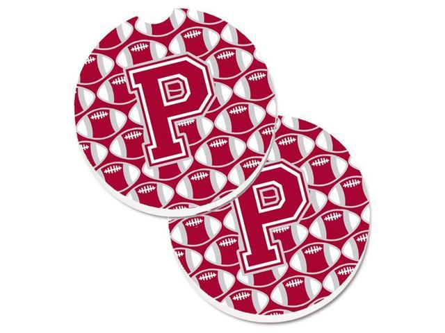 Carolines Treasures CJ1065-PCARC Letter P Football Crimson with Grey & White Set of 2 Cup Holder Car Coaster