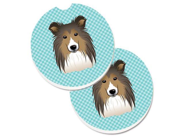 Carolines Treasures BB1180CARC Checkerboard Blue Sheltie Set of 2 Cup Holder Car Coaster