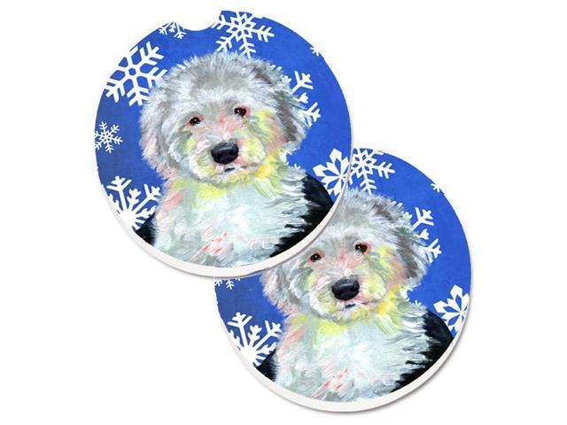 Carolines Treasures LH9306CARC Old English Sheepdog Winter Snowflakes Holiday Set of 2 Cup Holder Car Coaster