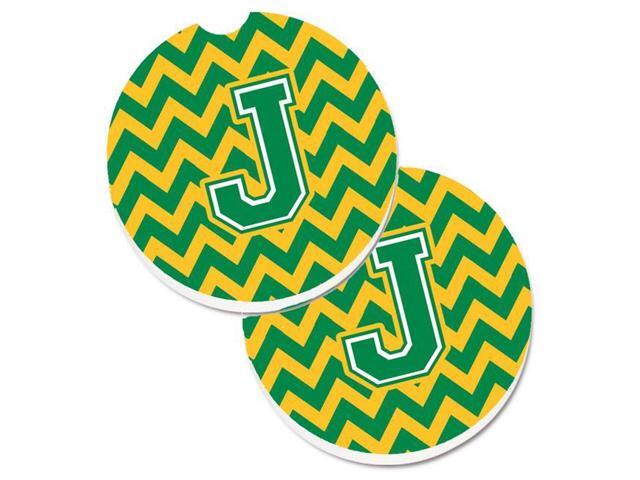 Carolines Treasures CJ1059-JCARC Letter J Chevron Green & Gold Set of 2 Cup Holder Car Coaster