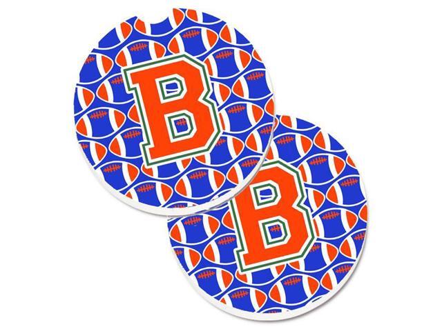 Carolines Treasures CJ1083-BCARC Letter B Football Green with Blue & Orange Set of 2 Cup Holder Car Coaster