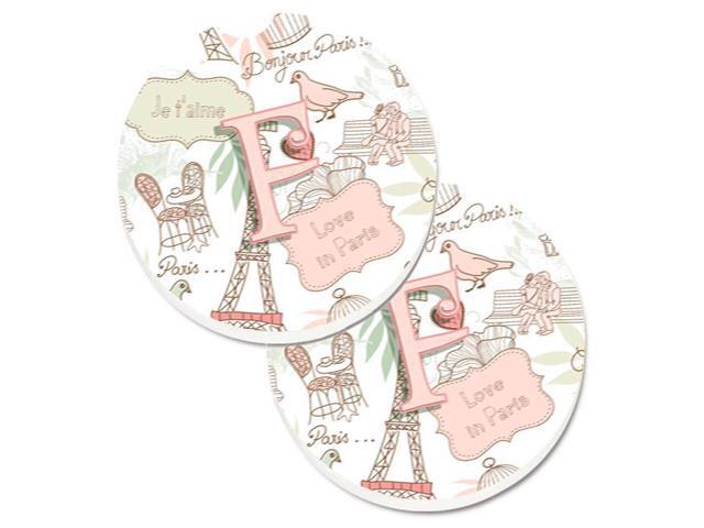 Carolines Treasures CJ2002-FCARC Letter F Love in Paris Pink Set of 2 Cup Holder Car Coaster