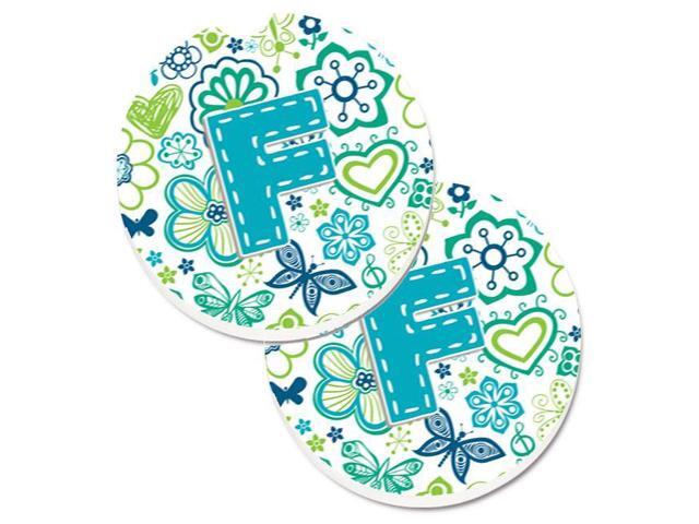 Carolines Treasures CJ2006-FCARC Letter F Flowers & Butterflies Teal Blue Set of 2 Cup Holder Car Coaster