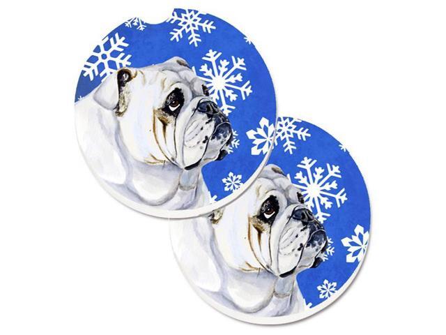 Carolines Treasures LH9274CARC Bulldog English Winter Snowflakes Holiday Set of 2 Cup Holder Car Coaster