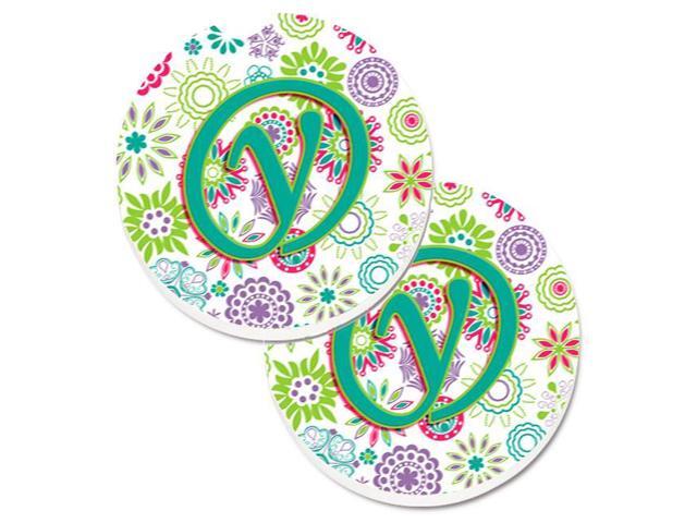 Carolines Treasures CJ2011-YCARC Letter Y Flowers Pink & Teal Green Initial Set of 2 Cup Holder Car Coaster