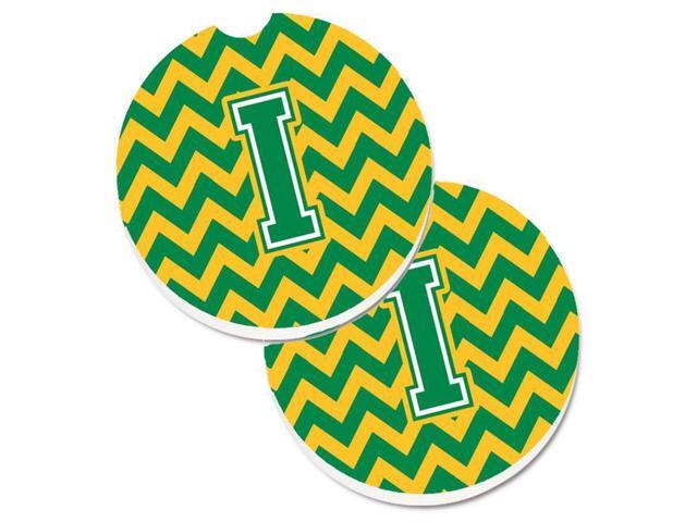 Carolines Treasures CJ1059-ICARC Letter I Chevron Green & Gold Set of 2 Cup Holder Car Coaster