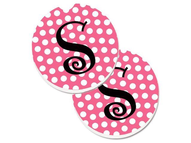 Carolines Treasures CJ1001-SCARC Letter S Monogram Pink & Black Polka Dots Set of 2 Cup Holder Car Coaster