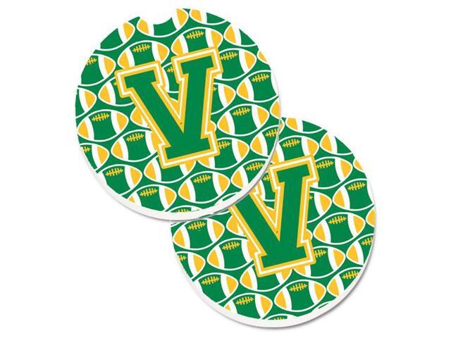 Carolines Treasures CJ1069-VCARC Letter V Football Green & Gold Set of 2 Cup Holder Car Coaster