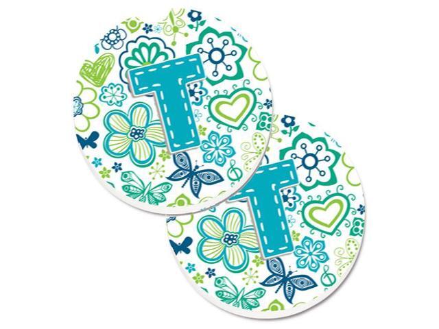 Carolines Treasures CJ2006-TCARC Letter T Flowers & Butterflies Teal Blue Set of 2 Cup Holder Car Coaster