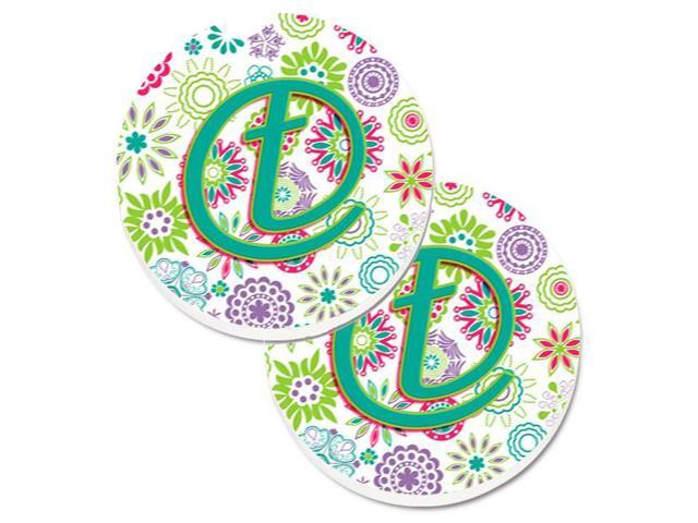 Carolines Treasures CJ2011-TCARC Letter T Flowers Pink & Teal Green Initial Set of 2 Cup Holder Car Coaster