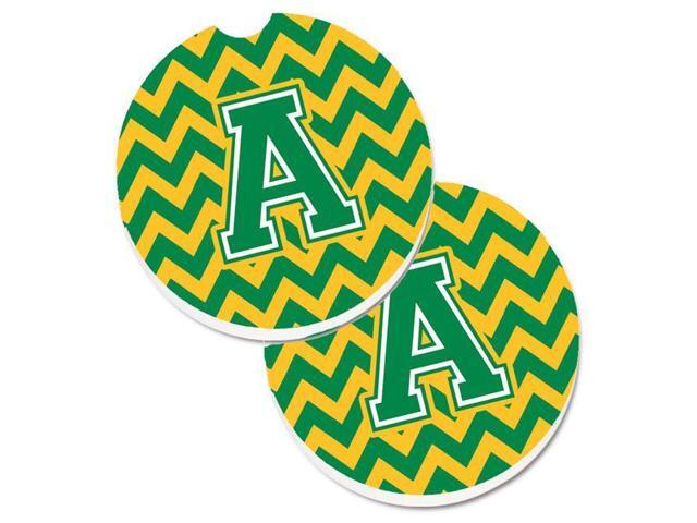 Carolines Treasures CJ1059-ACARC Letter A Chevron Green & Gold Set of 2 Cup Holder Car Coaster
