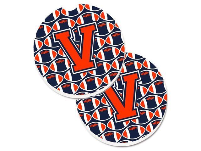 Carolines Treasures CJ1066-VCARC Letter V Football Orange with Blue & White Set of 2 Cup Holder Car Coaster