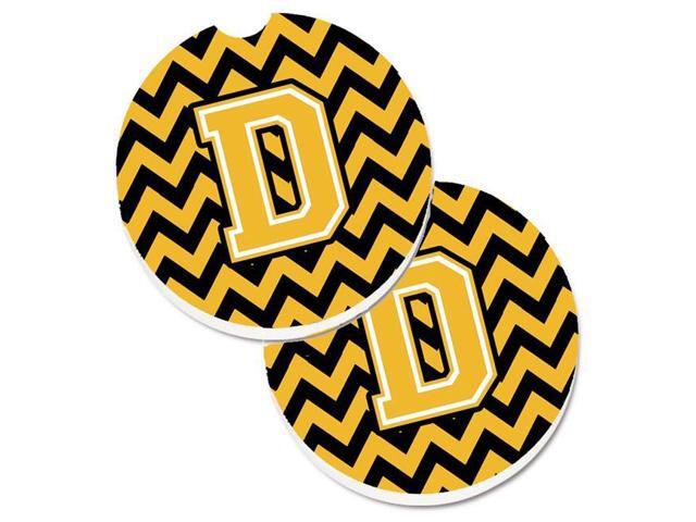 Carolines Treasures CJ1053-DCARC Letter D Chevron Black & Gold Set of 2 Cup Holder Car Coaster