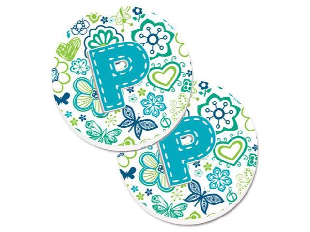 Carolines Treasures CJ2006-PCARC Letter P Flowers & Butterflies Teal Blue Set of 2 Cup Holder Car Coaster