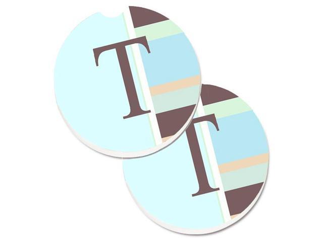 Carolines Treasures CJ1003-TCARC Letter T Initial Monogram Blue Stripes Set of 2 Cup Holder Car Coaster