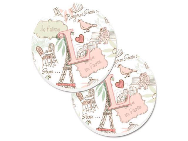 Carolines Treasures CJ2002-LCARC Letter L Love in Paris Pink Set of 2 Cup Holder Car Coaster