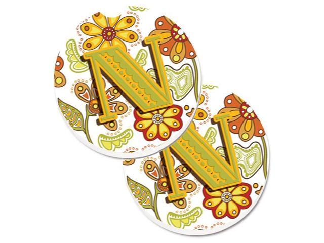 Carolines Treasures CJ2003-NCARC Letter N Floral Mustard & Green Set of 2 Cup Holder Car Coaster